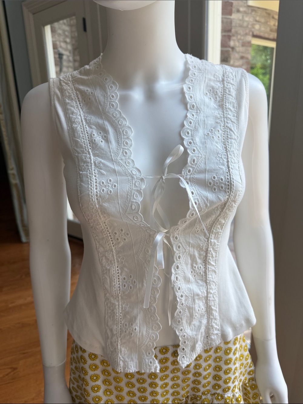 Free People White Eyelet Lace Tie-Front Tank Top